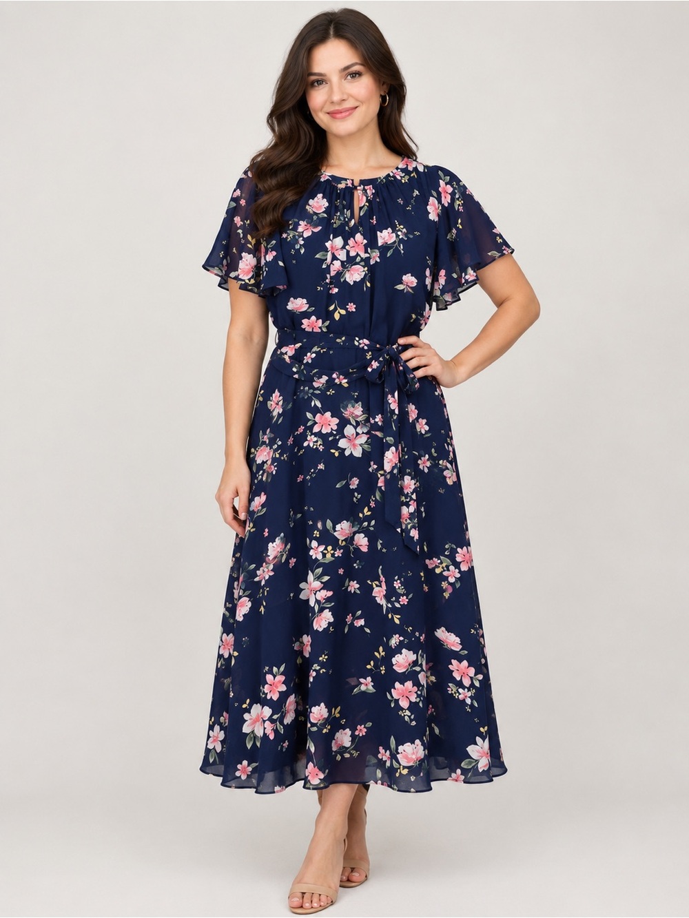 Harper Rose Navy Floral Tie-Waist Midi Dress
